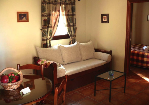 Interior de una casa que cuenta con un sofá, una mesa de café. Se ve en la imagen un radiador bajo una ventana.