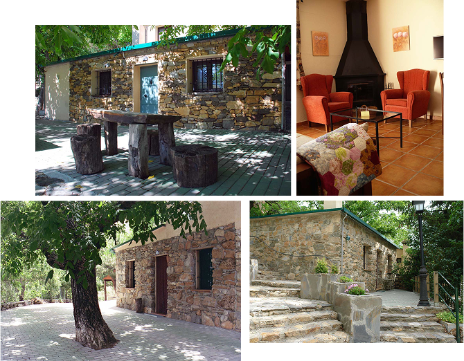 Collage de 4 fotos de las casas rurales, la primera ima casa con decorado de piedras en la fachada y una mesa de piedra en el frontal de la misma, una segunda casa con el mismo decorado de piedra con un árbol frente a la puerta, una imagen del interior de una casa con una chimenea, dos sillones rojos y una mesita de café y la última imagen una casa de piedra a la que se accede por unos escalones, todo rodeado por árboles. 