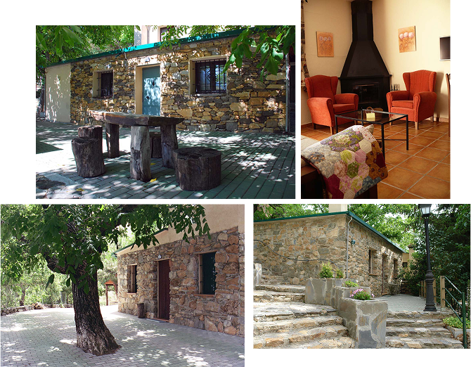Collage de 4 fotos de las casas rurales, la primera ima casa con decorado de piedras en la fachada y una mesa de piedra en el frontal de la misma, una segunda casa con el mismo decorado de piedra con un árbol frente a la puerta, una imagen del interior de una casa con una chimenea, dos sillones rojos y una mesita de café y la última imagen una casa de piedra a la que se accede por unos escalones, todo rodeado por árboles. 